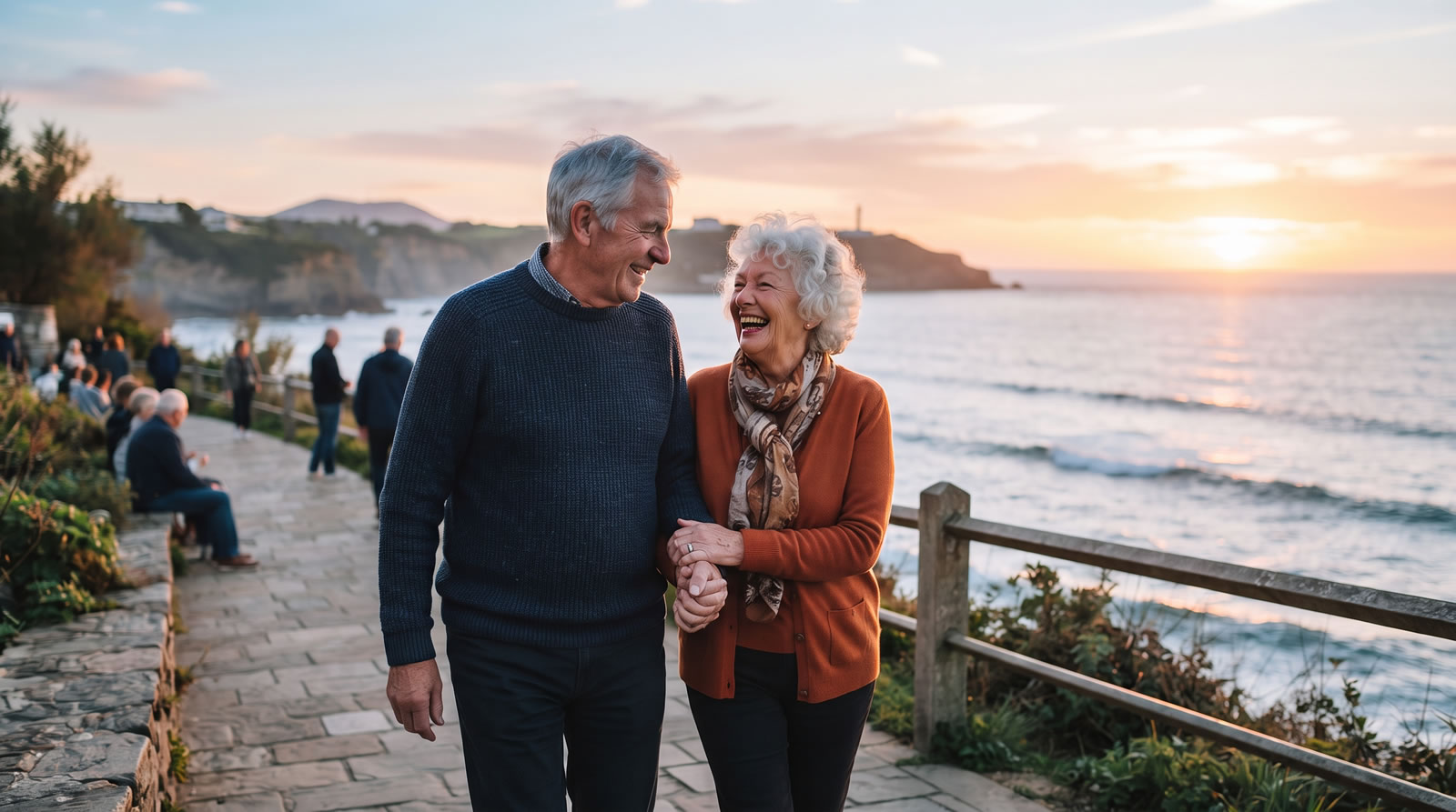 An older couple laughing together on a coastal path at sunset