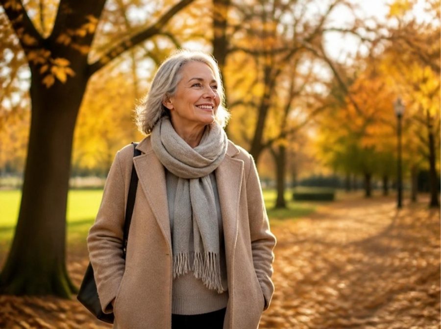 A happy, confident woman in her late fifties walking through a sunny park in autumn