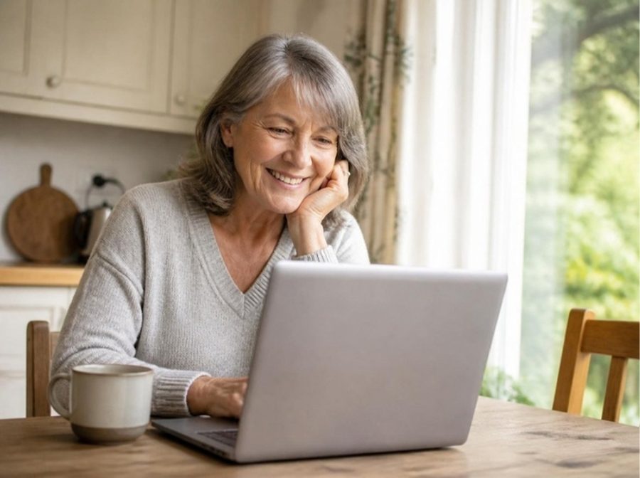 A smiling woman in her sixties reading a message on her laptop at home