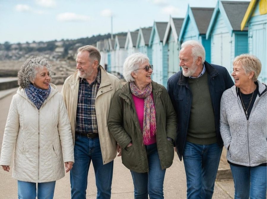 Friends in their sixties and seventies laughing together on a British seaside promenade