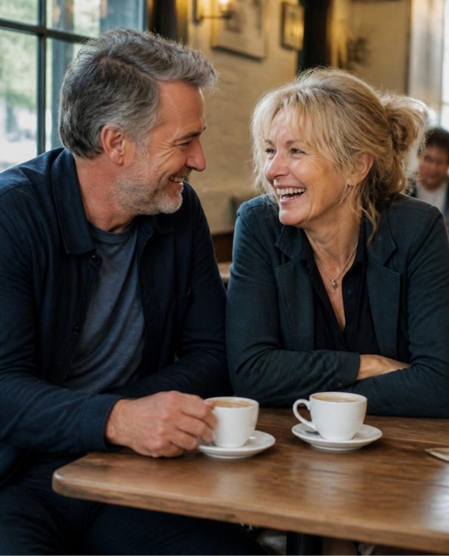 A smiling couple laughing together over coffee in a cafe