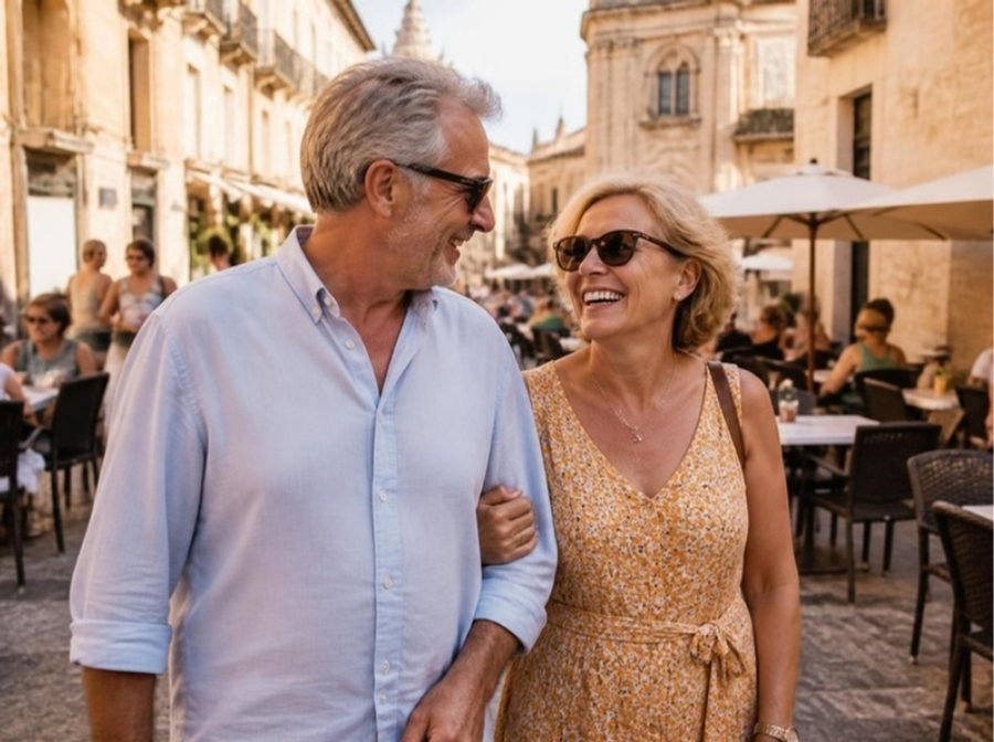 A couple in their sixties strolling arm in arm through a sunny old town square on holiday