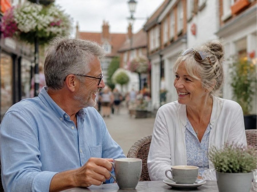 A man and woman in their sixties chatting over coffee at a cafe table in a British market town