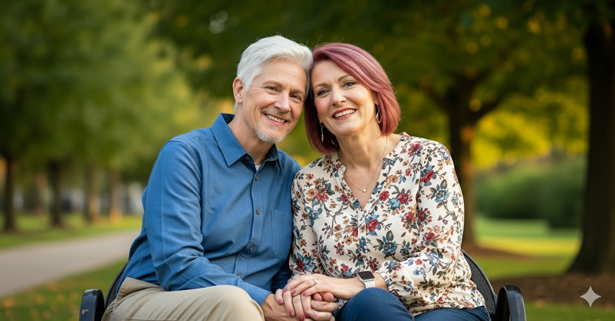 A happy couple in their fifties sitting close together on a park bench